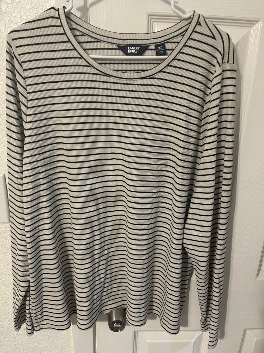 Lands' End White and Black Horizontal Stripe Long Sleeve Top